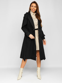 Blouson manteau long trench-coat avec ceinture 2en1 pour femme noir Bolf AG3011