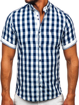 Chemise à manches courtes bleue foncée à carreaux pour homme Bolf 4508