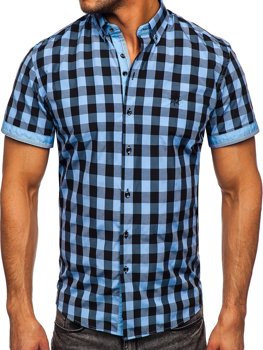 Chemise à manches courtes noire-bleue claire à carreaux pour homme Bolf 4508