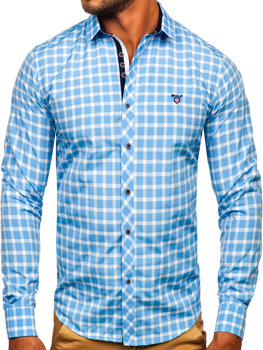 Chemise élégante à manche longue à carreaux pour homme bleue claire Bolf 4747-1