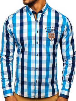 La chemise avec les manches longues à carreaux pour homme bleue claire Bolf 1766-1