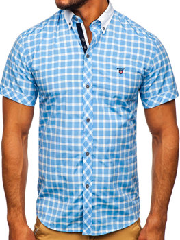 La chemise élégante à carreaux avec les manches courtes pour homme bleue claire Bolf 5531