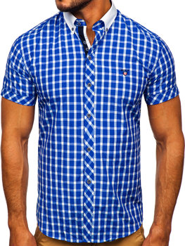 La chemise élégante à carreaux avec les manches courtes pour homme bleue moyenne Bolf 5531