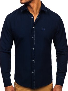 La chemise élégante avec les manches longues pour homme bleue foncée Bolf 4719