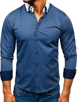 La chemise élégante en rayures avec les manches longues pour homme bleue foncée Bolf 0909-A