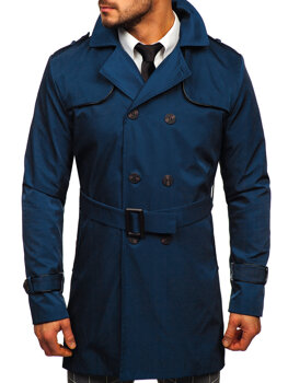 Manteau trench à double boutonnage avec col montant et ceinture pour homme bleu clair Bolf 0001