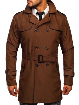 Manteau trench-coat à double rangée avec col haut et ceinture pour homme marron Bolf 0001