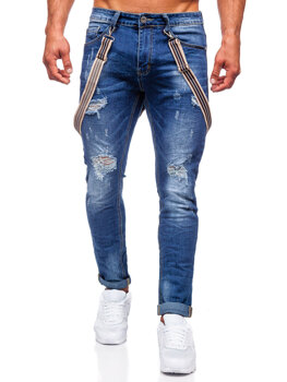Pantalon jean slim fit avec bretelles pour homme bleu foncé Bolf KS2056