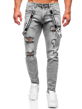 Pantalon jean slim fit avec bretelles pour homme gris Bolf KX952