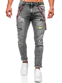 Pantalon jean slim fit avec bretelles pour homme noir Bolf KX968-C