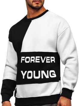Sweat-shirt pour homme noir-blanc avec imprimé Forever Young sans capuche Bolf 003