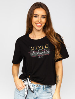Tee-shirt imprimé avec zircons uni pour femme noir Bolf DT101