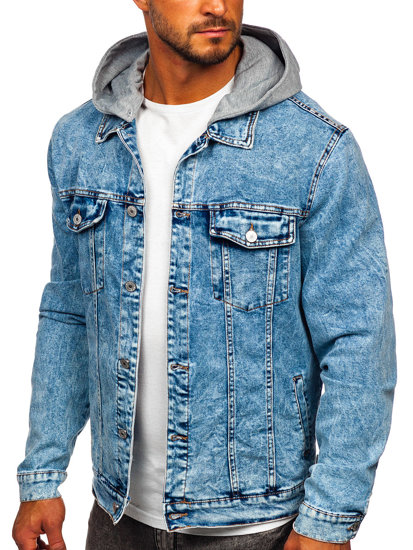 Blouson bleu foncé en jean pour homme à capuche Bolf HY958