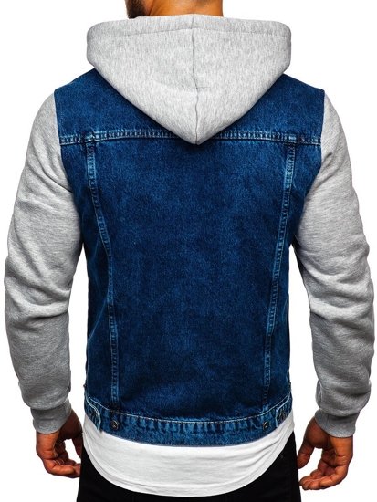 Blouson en jean pour homme à capuche bleu foncé Bolf 211902