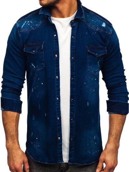 Chemise à manches longues en jean pour homme bleue foncée Bolf R702