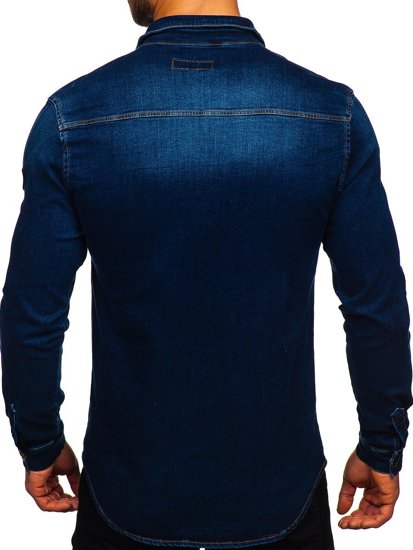Chemise à manches longues en jean pour homme bleue foncée Bolf R801