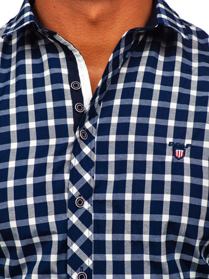 Chemise élégante à manche longue à carreaux pour homme bleue foncée Bolf 4747-1
