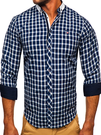 Chemise élégante à manche longue à carreaux pour homme bleue foncée Bolf 5737-1
