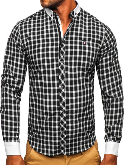 Chemise élégante à manche longue à carreaux pour homme noire Bolf 5737-1