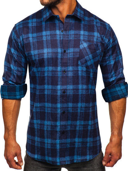 Chemise en flanelle à carreaux à manche courte pour homme bleue foncée Bolf F2