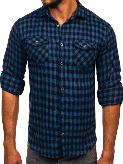 Chemise en flanelle à carreaux à manche longue pour homme bleue foncée Bolf 22701