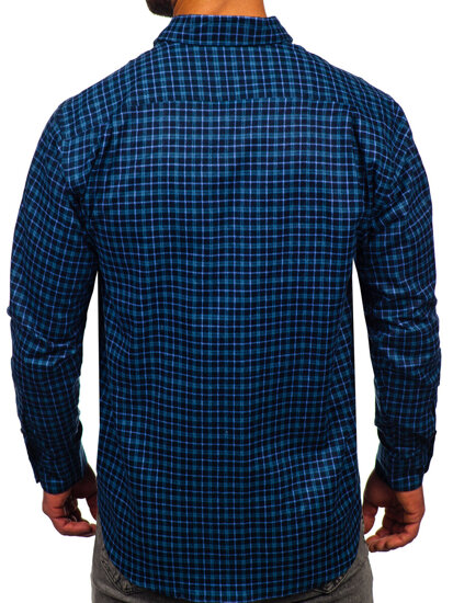 Chemise en flanelle à carreaux à manche longue pour homme bleue foncée Bolf F4