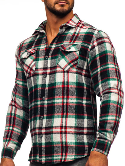 Chemise en flanelle à carreaux à manche longue pour homme rouge-verte Bolf 22704