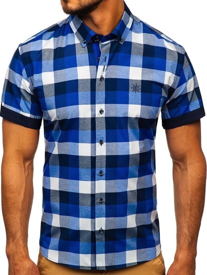 Chemise pour homme a carreaux à manches courtes bleue foncée Bolf 5532