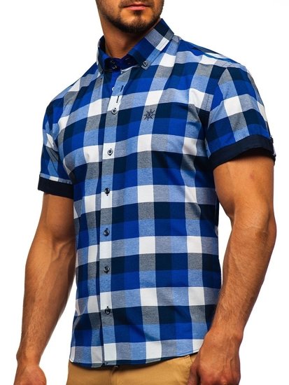 Chemise pour homme a carreaux à manches courtes bleue foncée Bolf 5532