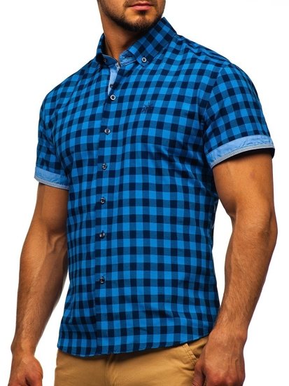 La chemise à carreaux avec les manches courtes pour homme bleue Bolf 4508