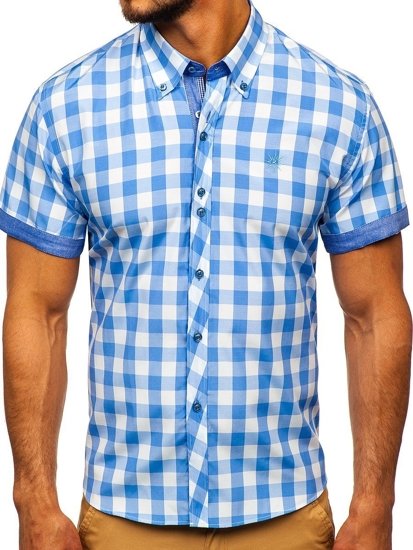 La chemise à carreaux avec les manches courtes pour homme bleue claire Bolf 6522