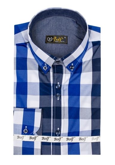 La chemise à carreaux avec les manches longues pour homme bleue Bolf 2779