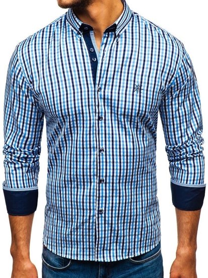La chemise à carreaux vichy avec les manches longues pour homme bleue claire Bolf 4712