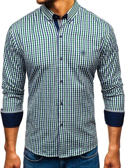 La chemise à carreaux vichy avec les manches longues pour homme verte-bleue foncée Bolf 4712