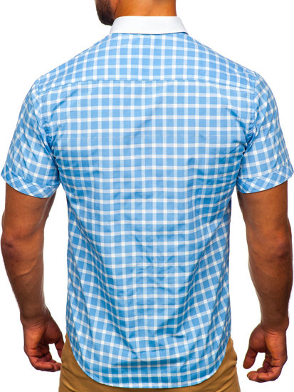 La chemise élégante à carreaux avec les manches courtes pour homme bleue claire Bolf 5531