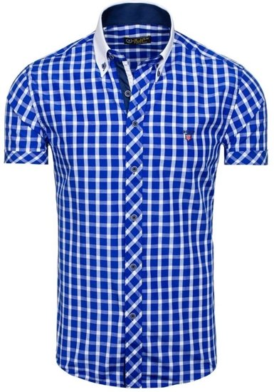 La chemise élégante à carreaux avec les manches courtes pour homme bleue moyenne Bolf 5531