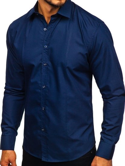 La chemise élégante avec les manches longues pour homme bleu foncé Bolf 4705G