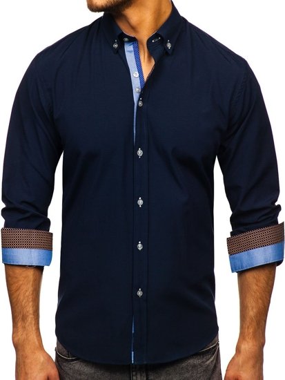 La chemise élégante avec les manches longues pour homme bleu foncé Bolf 8840-1