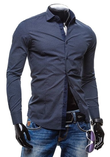 La chemise élégante avec les manches longues pour homme bleue foncée Bolf 7182