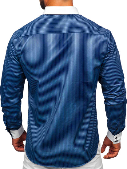La chemise élégante en rayures avec les manches longues pour homme bleue foncée Bolf 0909