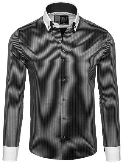 La chemise élégante en rayures avec les manches longues pour homme noire Bolf 0909