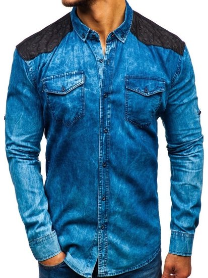 La chemise en jeans à motifs avec la manche longue pour homme bleue Bolf 0517