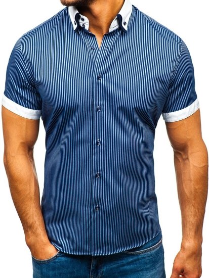 La chemise en rayures avec les manches courtes pour homme bleue foncée Bolf 1808