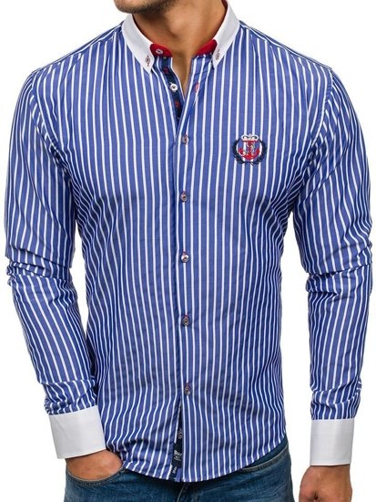 La chemise en rayures avec les manches longues pour homme bleue Bolf 1771