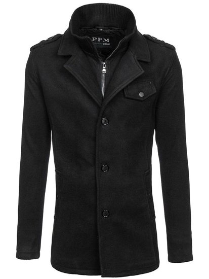 Manteau à boutonnage simple pour homme avec un col haut noir Bolf 8853A