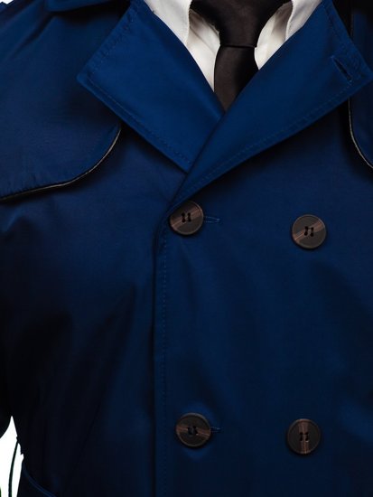 Manteau trench-coat à double rangée avec col haut et ceinture pour homme bleu Bolf 0001