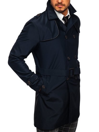 Manteau trench-coat à double rangée avec col haut et ceinture pour homme bleu foncé Bolf 0001