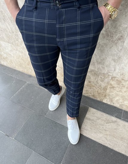Pantalon chino en tissu à carreaux pour homme bleu foncé Bolf 0036