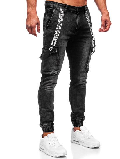 Pantalon jogger cargo en jean avec bretelles pour homme noir Bolf KA6751