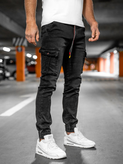 Pantalon jogger cargo en jean pour homme noir Bolf TF168